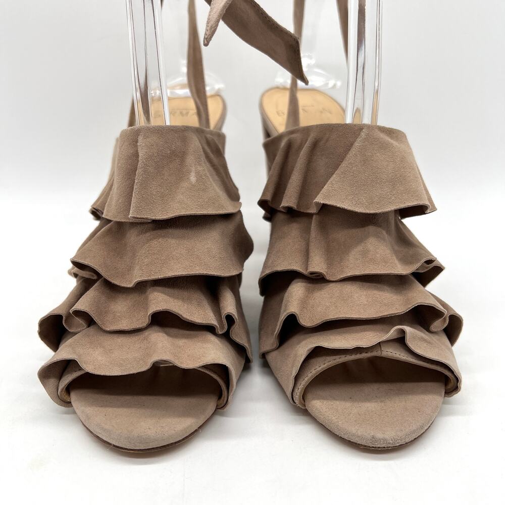 ALEXANDRE BIRMAN Ruffle Suede Heels Womens 37 Taupe Leather Ankle Wrap Sandal - Picture 2 of 16